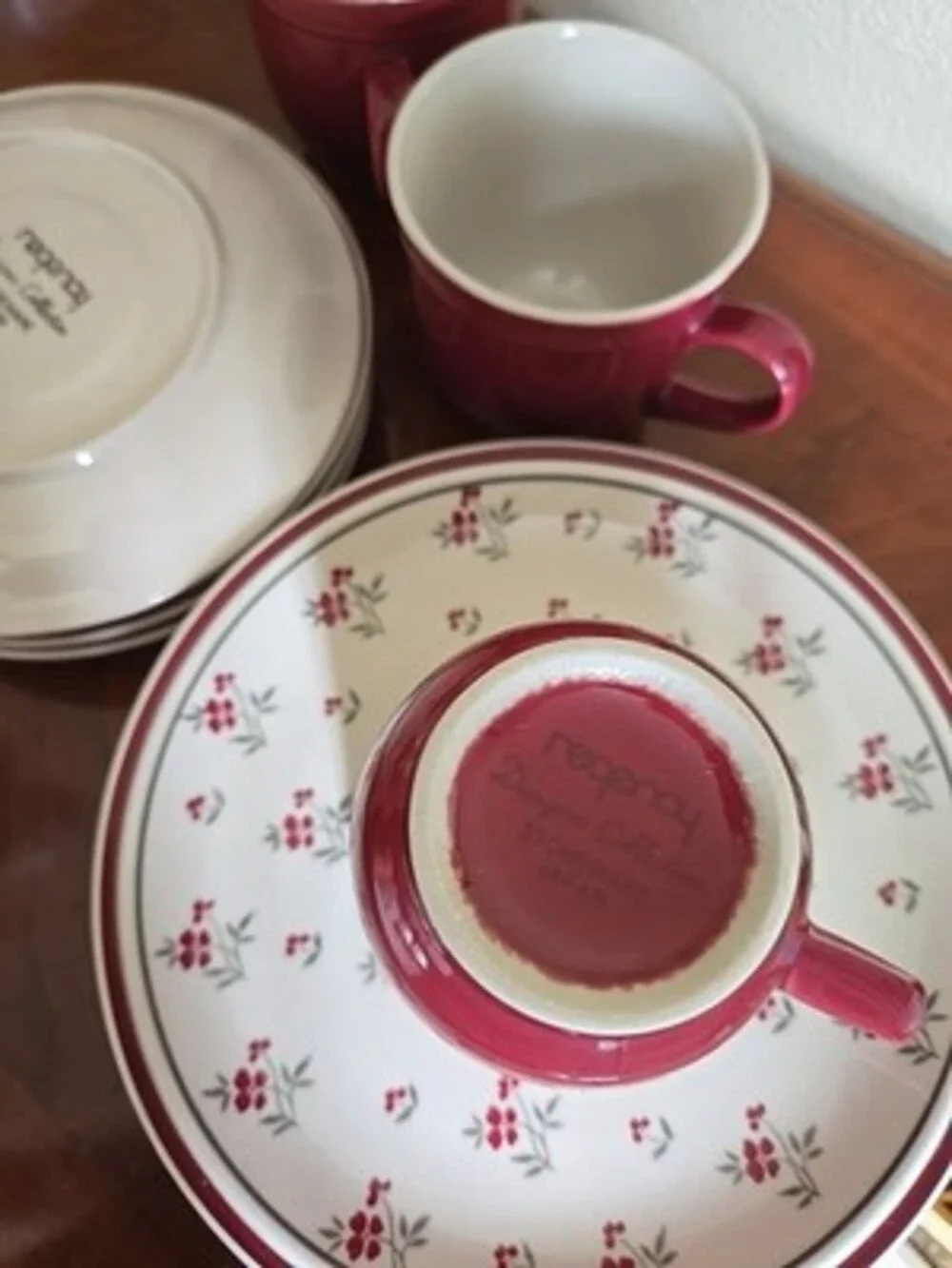 Burgundy Red Salad Plates, Teacups & Saucer Floral Newcor Stoneware 12 Pieces